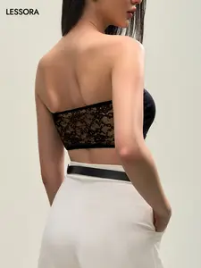 LESSORA Women's Strapless Bandeau Top Lace Back Built-in Bra Double Layer Fabric