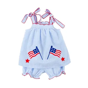 Bright Stars Light Blue Windowpane Amy Bloomer Set - Patriotic Flag Outfit for Little Girls