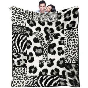 Custom Initial Animal Print Throw Blanket, Trendy Patchwork Visual Impact, Skin-friendly Breathable Lightweight, Perfect for Rental Bedroom Daily Use
