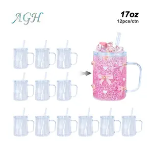 AGH [New Product] 12pcs 17oz Acrylic Snow Globe Mugs Plastic Double Wall Handle Tumbler for Glitter Custom Gift Coffee Cup