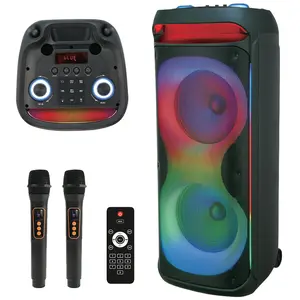 Bluetooth PA Speaker Rechargeable dual 12" Woofer + 1.5”Tweeter Portable Wireless SoundBox Two Microphone Remote Control LED Party Light
