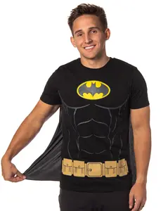 DC Comics Men's Batman Costume Shirt With Detachable Cape Classic Bat Logo Batman Cosplay Tee