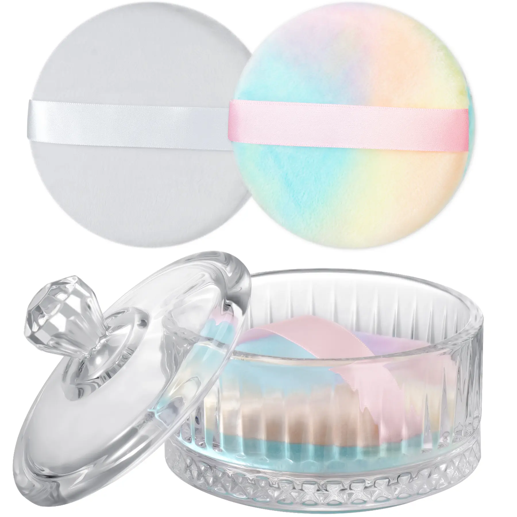 NiHome Clear Glass Large Powder Puff with Container Set, Glass Powder Puff Holder with Lid and 2 Ultra-Soft Velvet Puffs, Elegant Crystal Glass Storage Jar