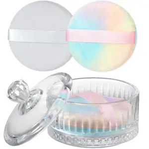 NiHome Large Powder Puff with Container Set, Glass Powder Puff Holder with Lid and 2 Ultra-Soft Velvet Puffs, Elegant Crystal Glass Storage Jar