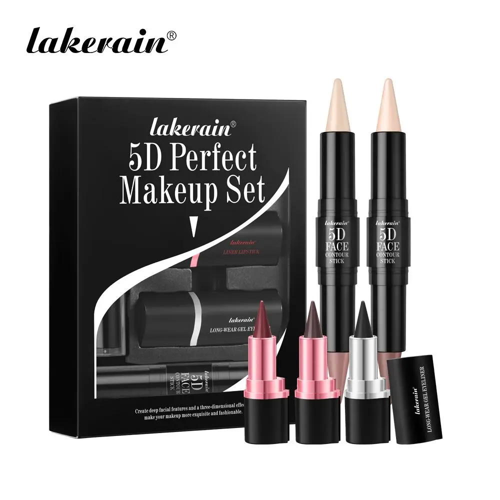 Long-wear Gel Eyeliner & 2 in 1 Lip Liner & Lipstick & Dual-ended 5D Contour Stick Set, 5 Counts/set Makeup Set, Beauty Cosmetics for Eyes, Lip and Face