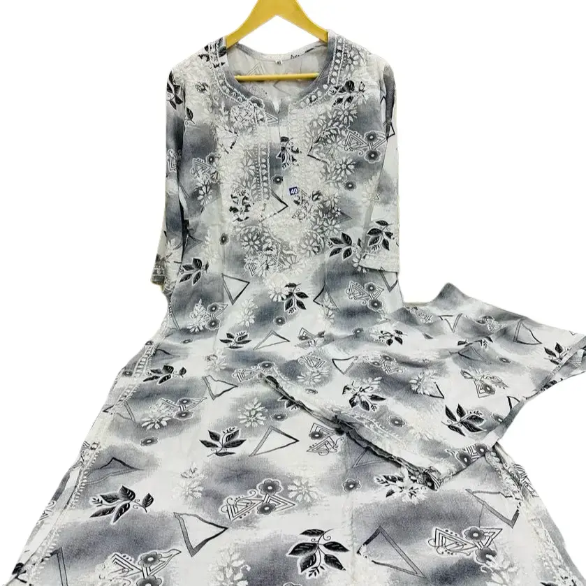 Lucknowi Ethnic Chikankari Modaal Cotton Kurti Palazzo 3pcs Set - Printed Reyon Plazo Set with Dupatta Sizes Comfortable Fabric for Formal Occasions Dress Traditional Womenswear Asian Fashion Suits
