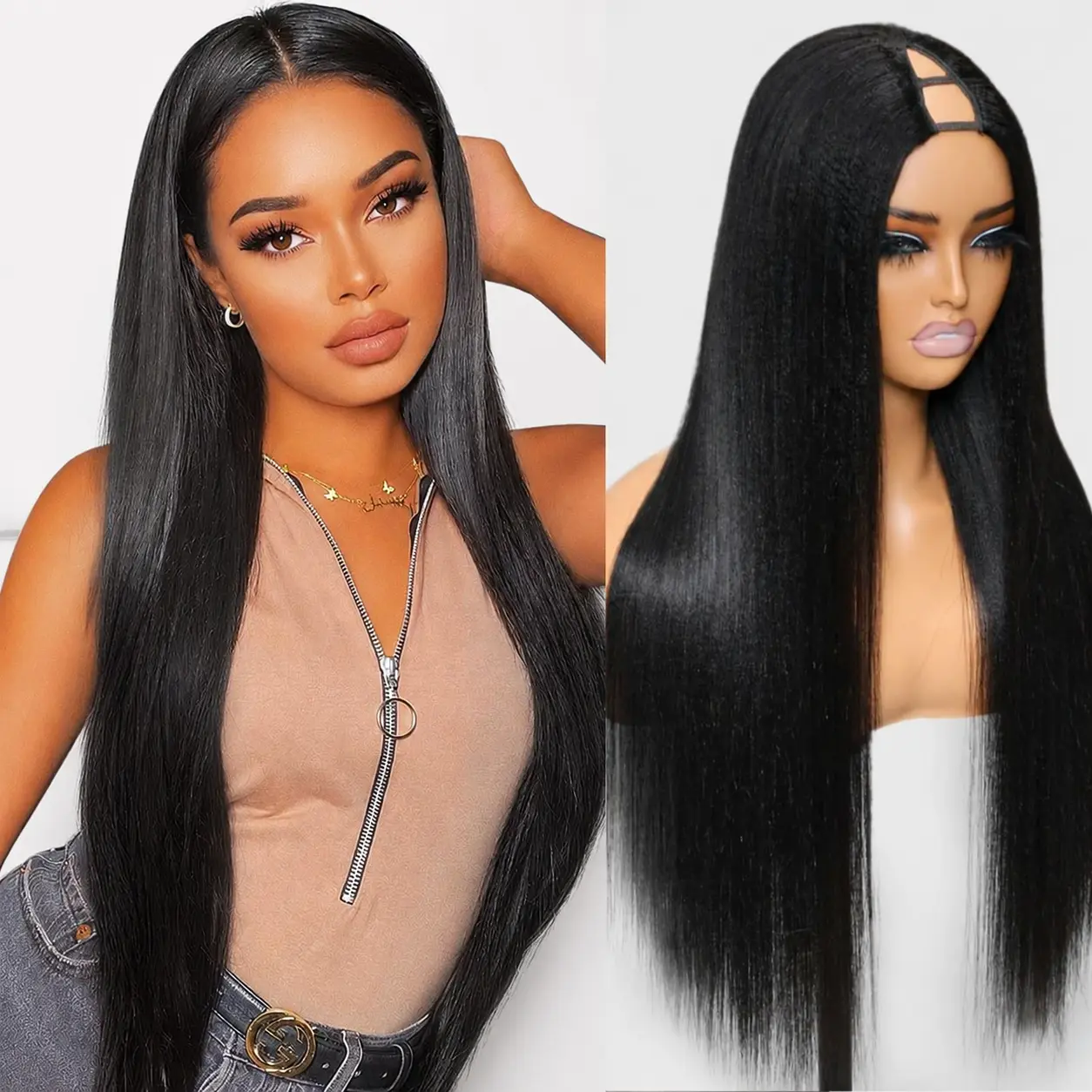 V Part Wig Straight Black Color Wear and Go Wigs for Women 24 Inch Synthetic Black Glueless Wig No Sew In Beginner Friendly Wigs for Daily Party Use #Tiktokshopsummersale