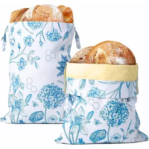 Floral Beeswax Bread Bag, 2 Pack Large  Bees Wax Cotton Sourdough Storage Bags, Airtight Freshness Keeper for Homemade Bread Sourdough, Blue, 17''x 13"
