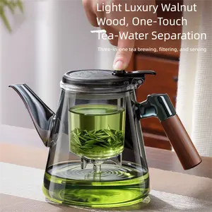 Glass Teapot Thickened High Temperature Resistant Borosilicate with Tea-Water Separation Device for Home Use Wooden Handle accessory maker pot Teapot with Infuser flower