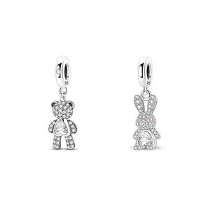 MULA 925 Sterling Silver Teddy Bear & Bunny Charm Set, Compatible with Pandora Bracelet, Sparkling Pave CZ Animal Dangle Beads with Heart Center, Cute Necklace Pendant Gifts for Women & Teen Girls