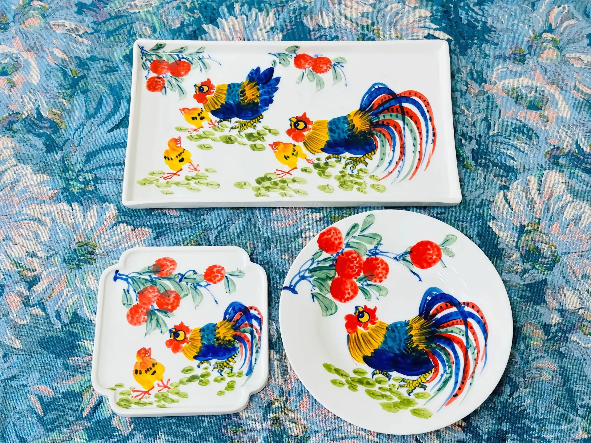 Hand Painted Rooster & Lychee Ceramic Tableware Set, Vintage Chinese Porcelain Plates & Lidded Storage Jar, Artistic Decorative Dinnerware Tea Canister