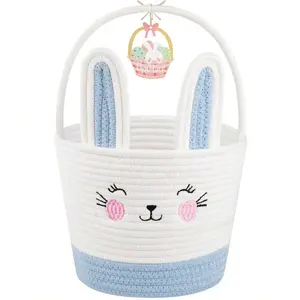 OIASKET Personalized Easter Basket For Toddler, Woven Baby Easter Gifts Basket With Handle, Empty Bunny Egg Basket For Girls Boys Kids, Blue&Amp;White Organiser house organizers room organization products boyfriend basket