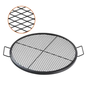 X-Marks Fire Pit Grill Grate, Round Cooking Grate, Heavy-Duty Steel Campfire BBQ Grill Grid With Handle and Support Wire, Portable Camping Cookware For Outdoor Parties And Gatherings, 30-Inch Black