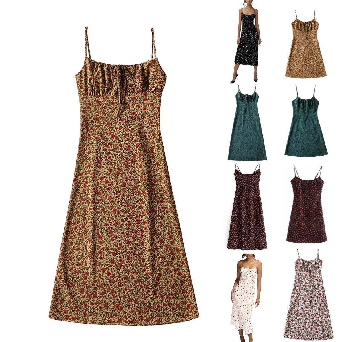 UANEO Women's Floral Dress Low-Cut Square Neck Spaghetti Strap Tie Bodycorn Dresses Casual Wear Slip with Adjustable Straps & Elastic Neckline