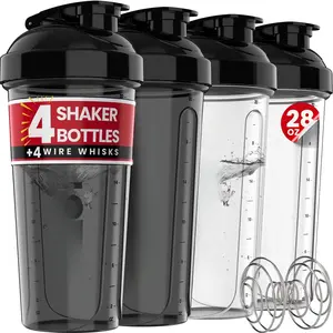 4 PACK- 28 oz Protein Shaker Bottle for Protein Mixes - 4x Wire Whisk| Leak Proof Shaker Cups for Protein Shakes| Protein Shaker Bottle Pack| Protein Shake Cup (Clear Set)