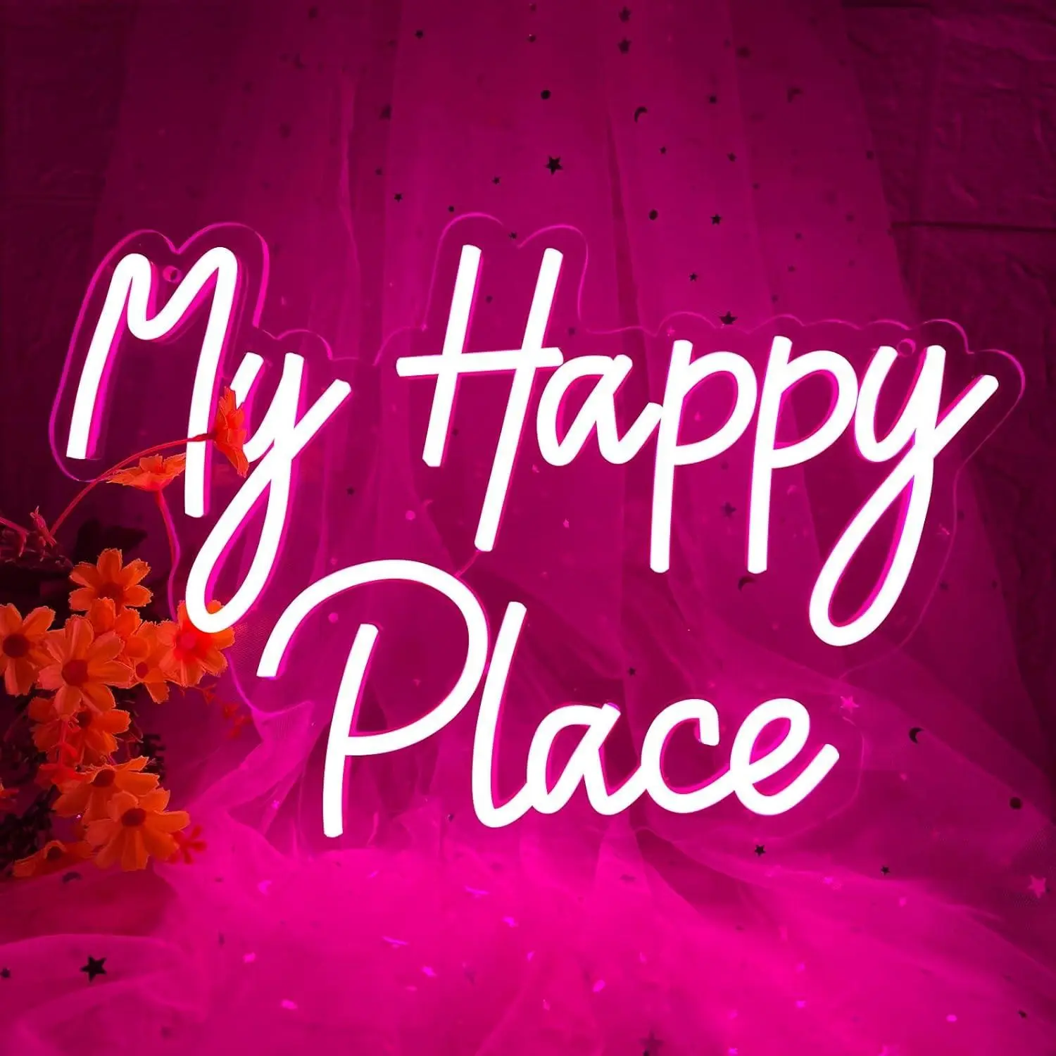 LED Neon Light Fluorescent Lamp, My Happy Place Design, Adjustable Brightness USB Powered, Ideal Room Decor, Perfect Gift for Birthdays, Dimmable Mood Lamp