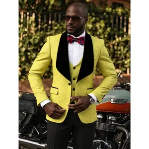 Men's Suit 3-Piece Slim Fit Jacquard Floral Print Shawl Lapel Tuxedo Set with Black Dress Pants for Wedding Prom Dinner Party
