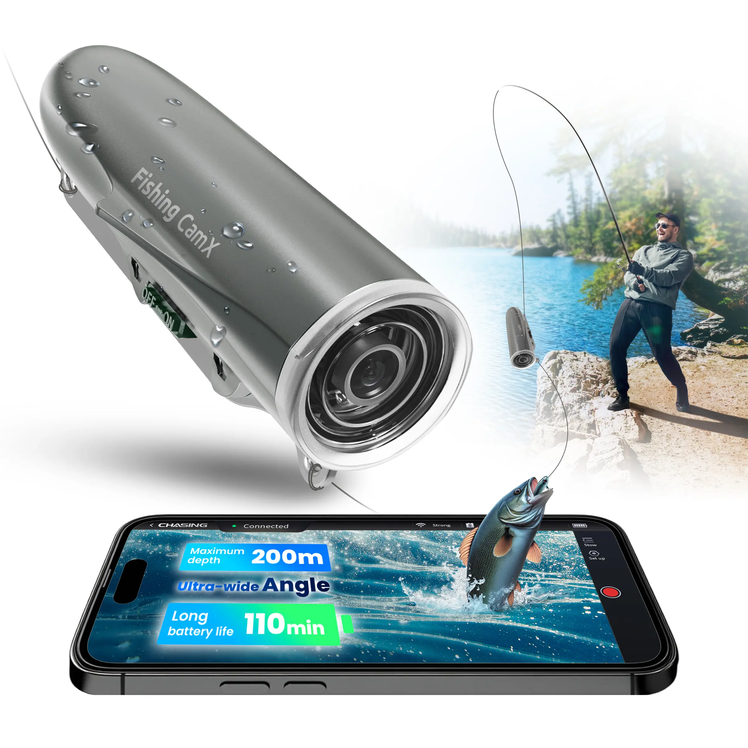 Underwater Fishing Camera with Lure-Style Fish Fin Design for Stable Recording, 1080P HD 136° Ultra-Wide-Angle Lens, 656ft Waterproof, 110-Min Battery, Wireless Charging, USB Cable, 2 LED Green Lights to Uncover Diverse Fish, Waterproof To 656Ft, Two Led