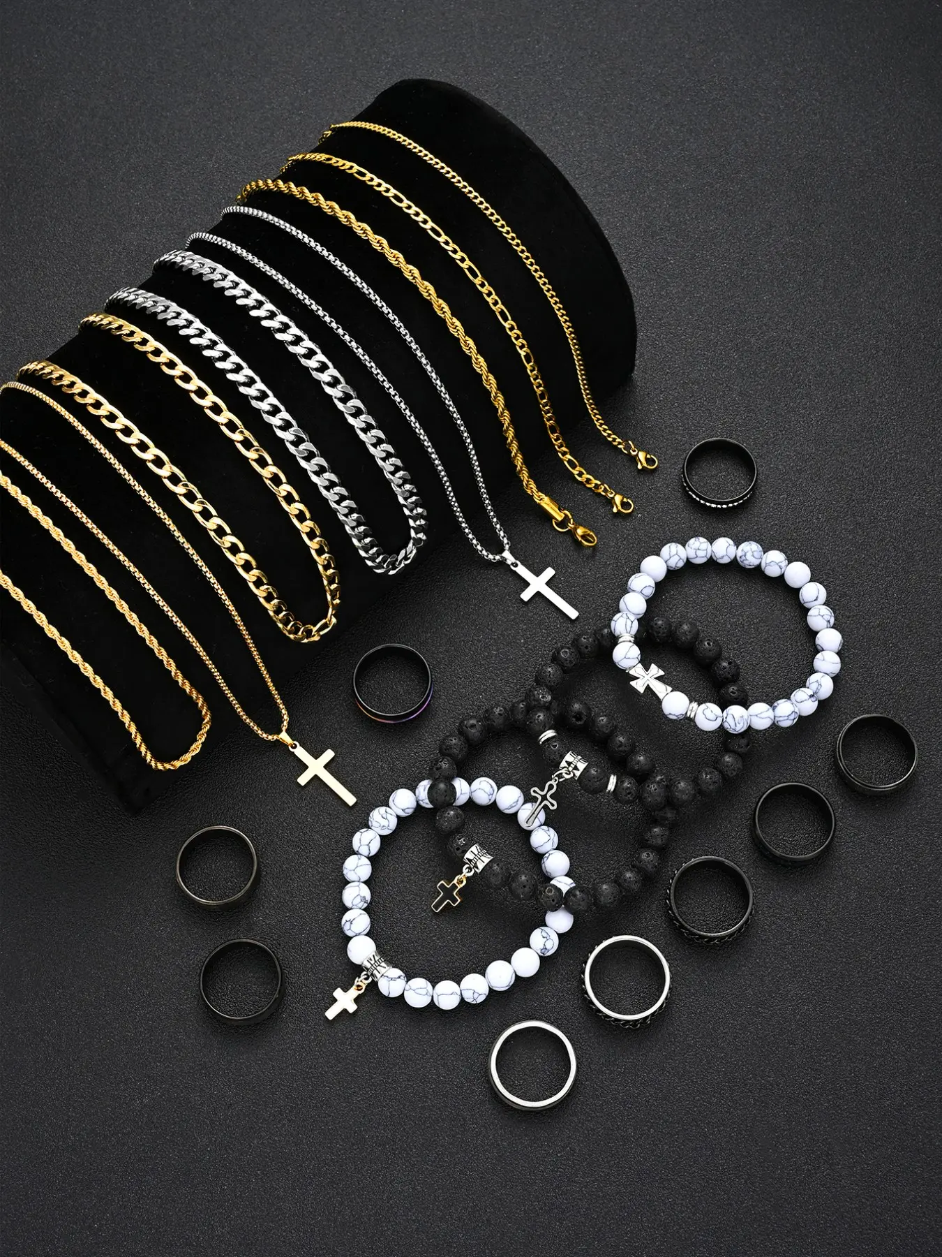 21-Piece Stainless Steel Jewelry Set, Fashionable Jewellery Gift Set, Trendy Jewelry Set, Men's Fashion Casual Punk Cross Pendant Necklace Bracelet Ring Set, Perfect Gift for Father's Day