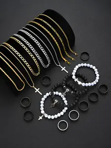 21-Piece Stainless Steel Jewelry Set, Fashionable Jewelry Set, Men's Fashion Casual Punk Cross Pendant Necklace Bracelet Ring Set, Perfect Gift for Father's Day