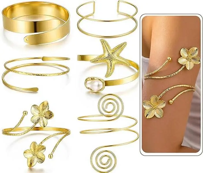 Women's 6PCS Gold-Tone Arm Cuff Bracelet Set, Boho Statement Upper Arm Band Armlet, Open Adjustable Stackable Costume Jewelry Accessories for Women