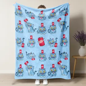 KPop Demon Hunters Huntrix Blue Kawaii Tiger Derpy Dr Pepper Flannel Blanket slogan print cozy blanket soft fluffy blanket fleece lightweight gift