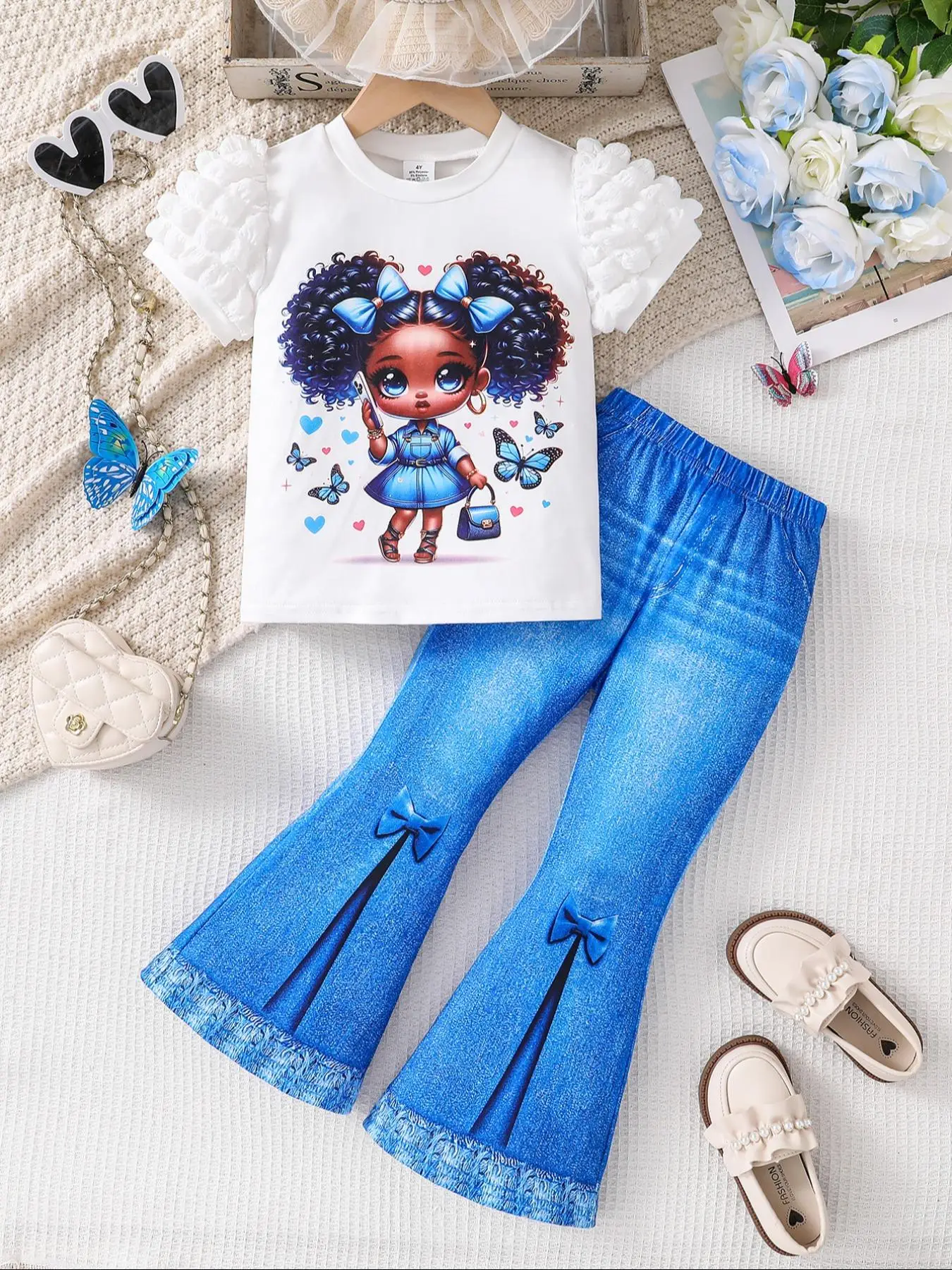 Toddler Girl's Cartoon Print Tee & Denim-effect Print Flare Leg Pants Two-piece Set, Cute Casual Round Neck Short Sleeve T-shirt & Bell Bottom Trouse