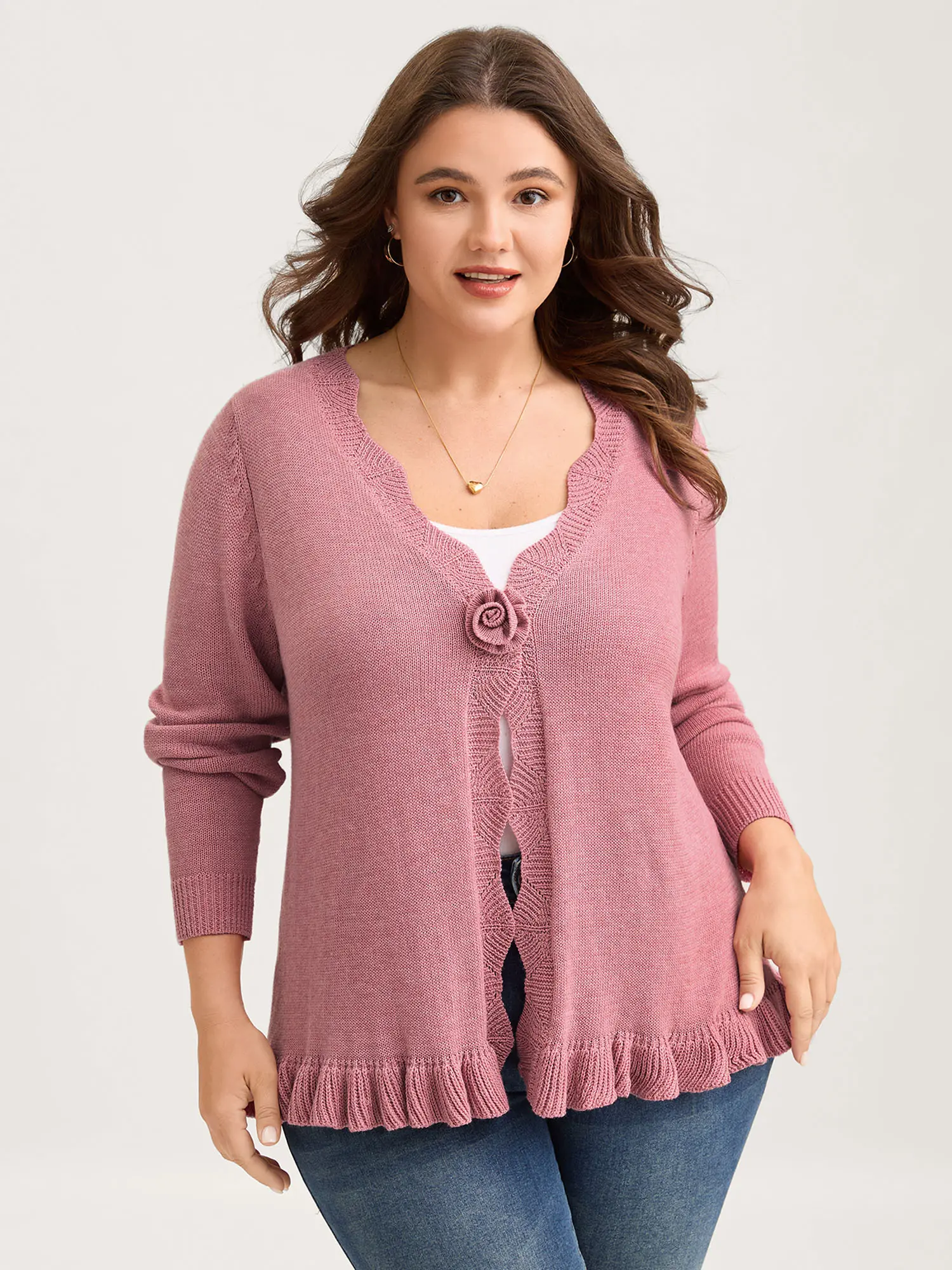 BloomChic Women's Loose Fit V-Neck Cardigan, Butter Soft Lightweight Long Sleeve Knit Sweater with Ruffled Hem and Floral Buttons, Longsleeves, Casual Everyday Wear, Lightweight Knit Sweater, Knitting