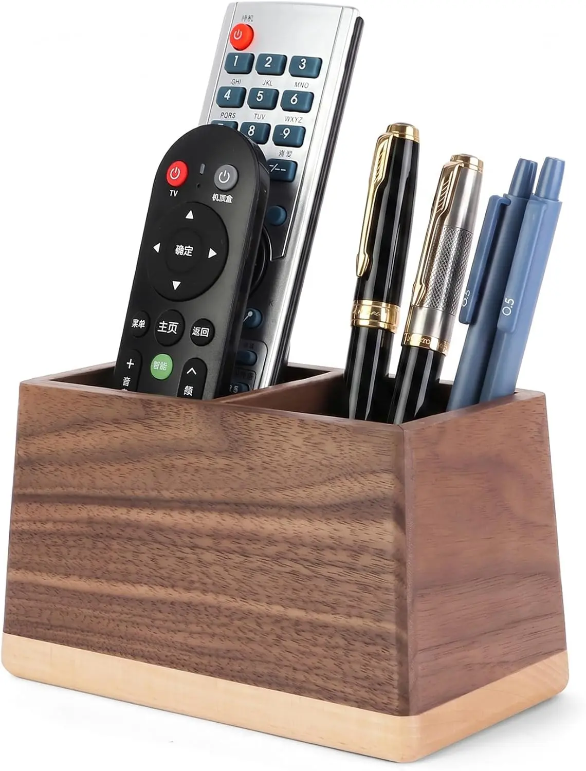 Walnut Wood Pen Holder - Double-Slot Trapezoid Desk Organizer, Multi-Use Stationery Storage for Office & School Supplies, Desk Writing Stationary Organizer, Double Slots