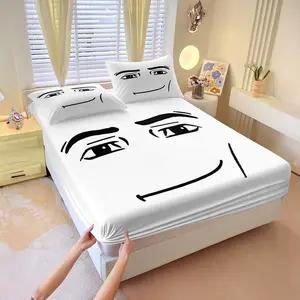 Fun Eyebrow And Smile Expression Emoji Bedding Set Three-Piece (1 Fitted Sheet, 2 Pillowcases, No Filling) Niche Personality Line Print Cute And Quirky, Skin-Friendly For Boys' Dorm Rooms, Trendy And Personalized Gift For Student Dorms