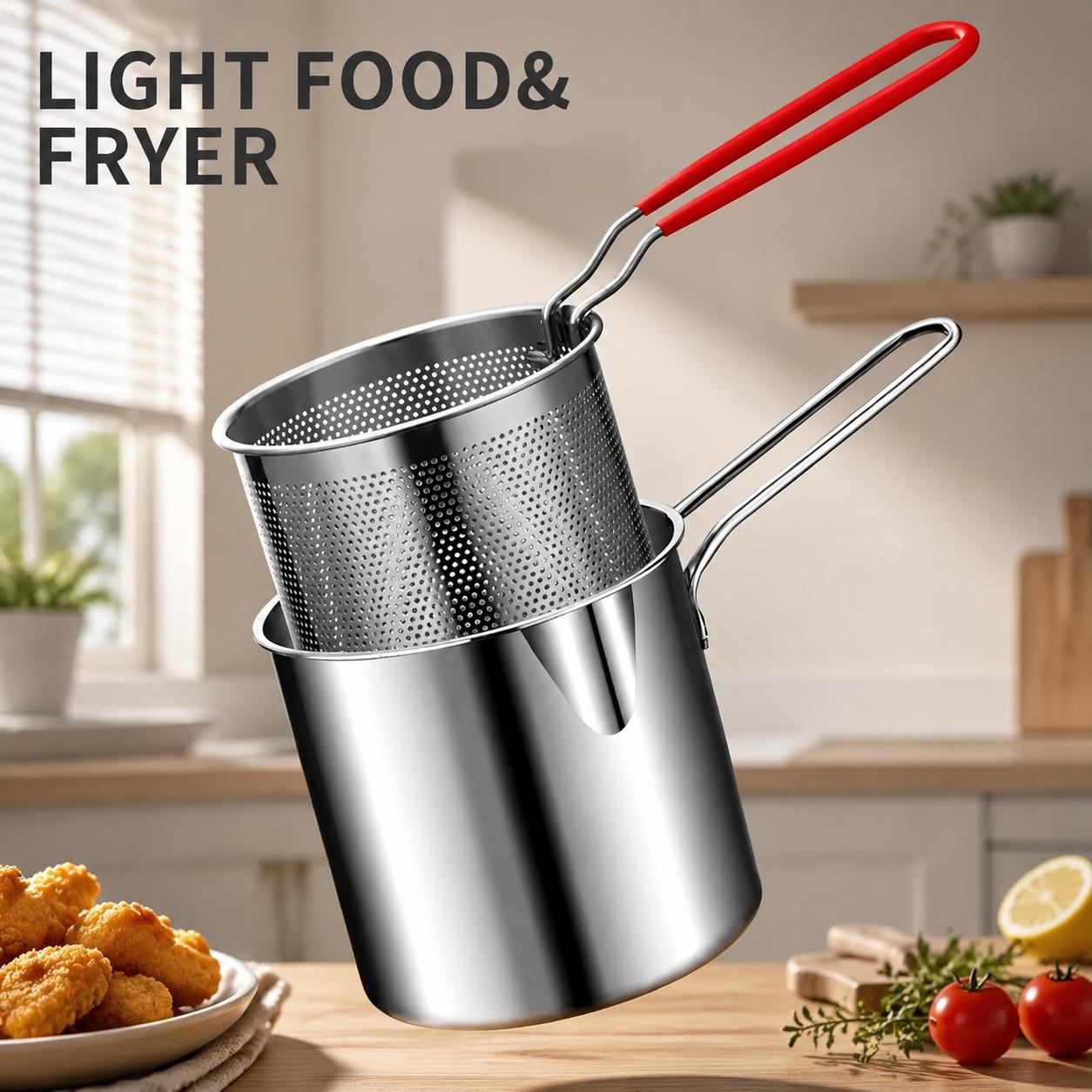 3Pcs Stainless Steel Deep Fryer Set - 5.12*4.72in 1-Person Mini Pot with Fry Pot, Filter Basket & Food Clip, Rust-Resistant Portable Cookware for Home Kitchen Chips, Chicken Wings