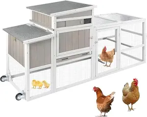78.7"L Chicken Coop with Wheels, Large Wooden Chicken House with Run, Backyard Hen House Poultry Cage for 1-3 Chickens Rabbit and Small Animal, Nesting Box, Tray, 3 Perches, Combinable,Grey