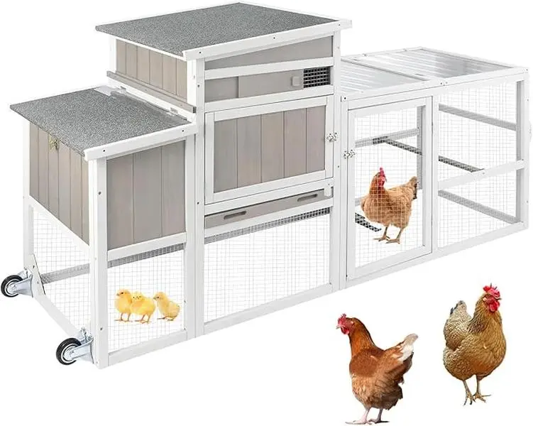 78.7"L Chicken Coop with Wheels, Large Wooden Chicken House with Run, Backyard Hen House Poultry Cage for 1-3 Chickens Rabbit and Small Animal, Nesting Box, Tray, 3 Perches, Combinable,Grey
