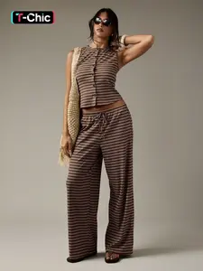 Women's Casual Striped Button-Up Sleeveless Top & Wide-Leg Pants Set, Trendy Chic Two-Piece Outfit for Everyday Wear, Matching Clothing Set, Comfortable and Stylish Clothing Sets, Womenswear