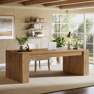 LITTLE TREE 70.9-Inch Wooden Computer Desk, Large Farmhouse Executive Office Desk with Sturdy Double Pedestal Legs, Writing Workstation Business Furniture for Home Office