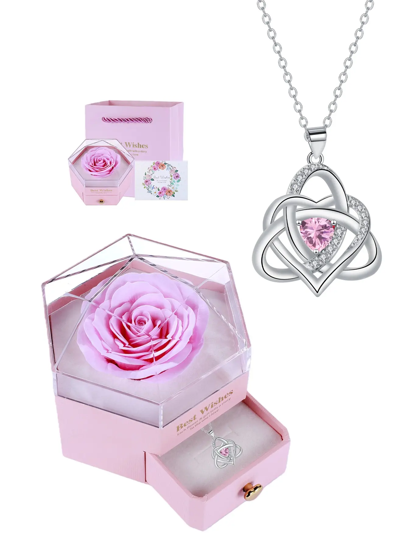 Heart Celtic Knot Necklace With Hexagon Rose Jewelry Gift Box, Fashion Love Knot Cross Necklace, Mother's Day Christmas Valentines Day Gift for Her Wife Mom