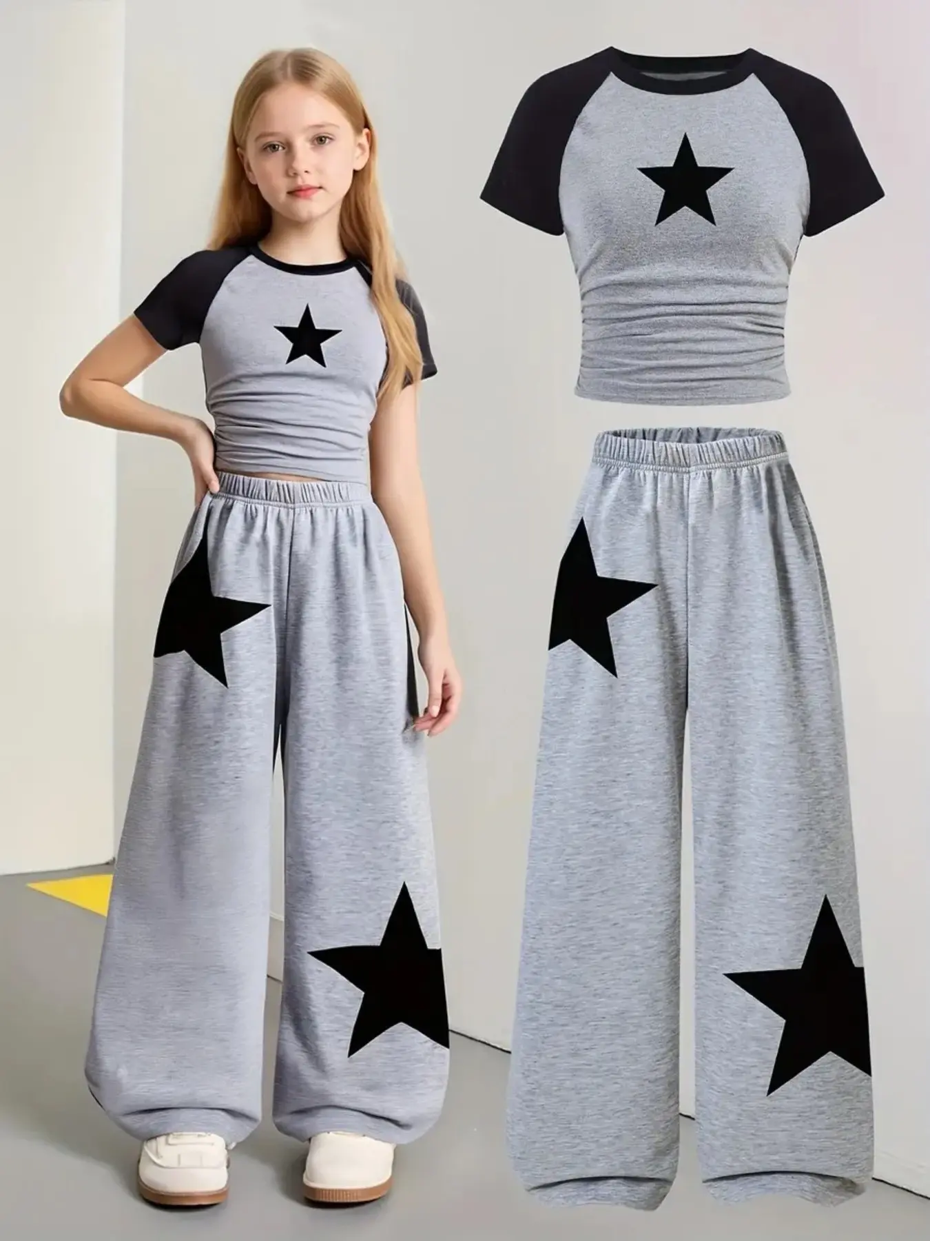 Girls' Fashion Millennial Star Print Two-Piece Set, Shoulder Puff Short Sleeve Top with High-Waisted Wide Leg Pants, Casual Street Style, Streetwear