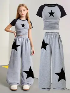 Girls' Fashion Millennial Star Print Two-Piece Set, Shoulder Puff Short Sleeve Top with High-Waisted Wide Leg Pants, Casual Street Style, Streetwear