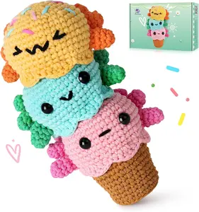 Crochetta Crochet Kit for Beginners Ice Cream Axolotls DIY Blanket Crafting Kit with 7 Yarns Crochet Hooks Scissors & Manual Knitting Supplies for Adults Kids