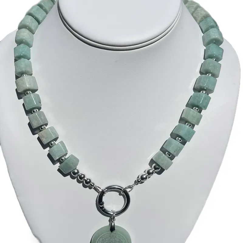 Amazonite Chunky Necklace with Silver Spacers & Carved Round Pendant Natural Gemstone Jewelry for Women