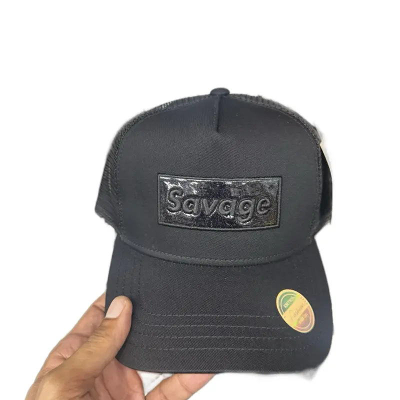 Black Savage Patent Leather Embroidered Trucker Rucker Mesh Hat with Adjustable Back