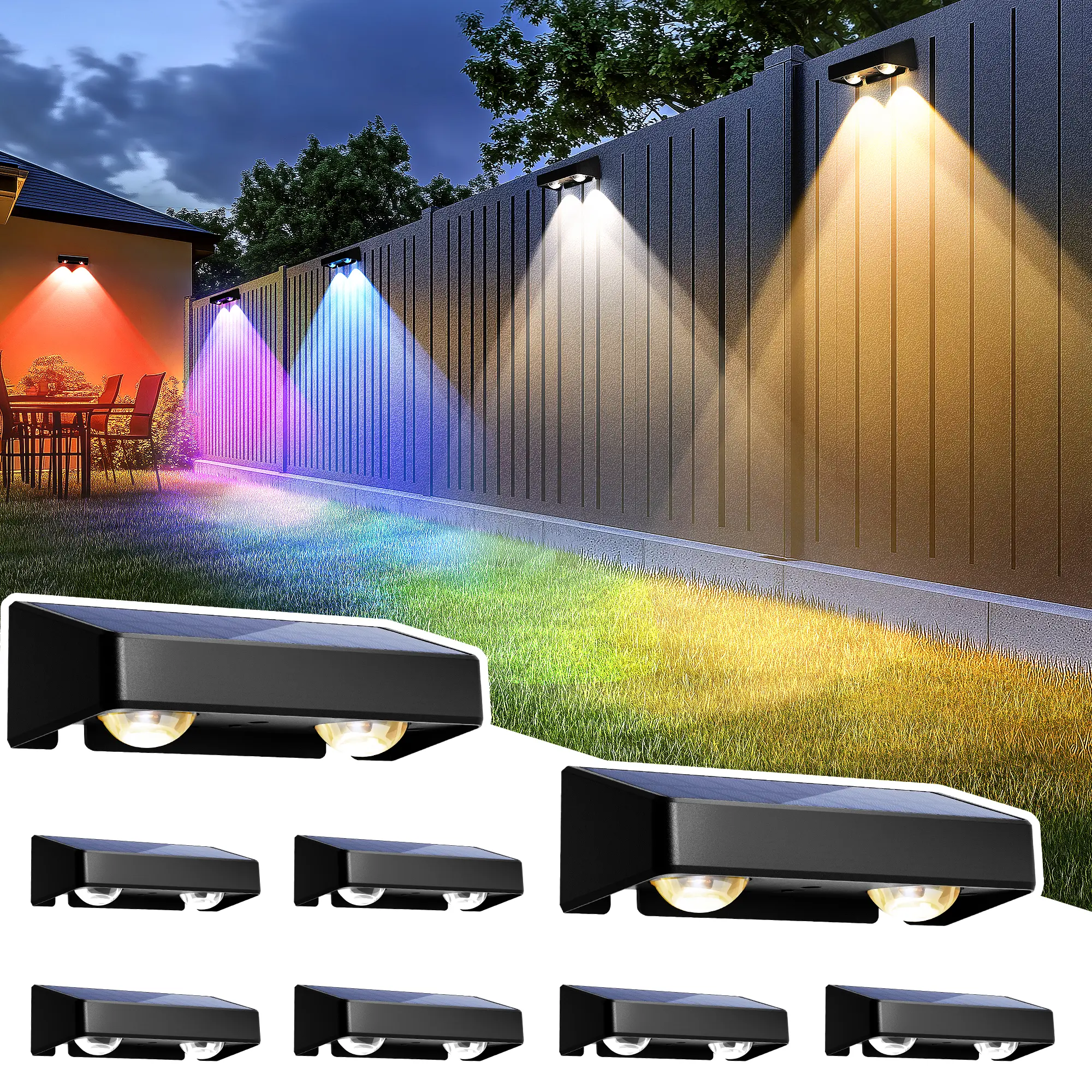 【Summervibes】SOLPEX Solar Fence Lights Outdoor, 8 Fixed Colors ＆ Color Changing Fence Solar Lights Outdoor Waterproof IP65, LED Solar Deck Lighting for Backyard Wall Step Patio Railing Pool Porch luces con