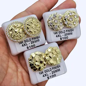High-End (20mm Diameter) Brass Earrings Earring Cookie Nugget Stud 14K Gold plated CZ Unisex Men Women Iced Daily Birthday Engagement Wedding Anniversary