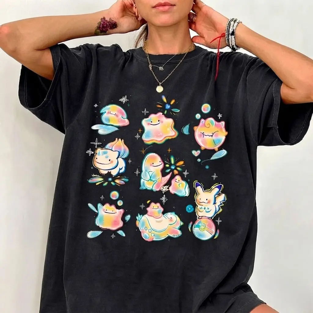 Pastel Ditto Poke Friends Shirt, Cute Rainbow Pocket Monster Tee, Kawaii Anime Character Graphic, Colorful Gamer Gift for Her