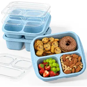 Stackable Bento Boxes with 3 Compartments (3 Pack) - Reusable BPA Free Meal Prep Containers, Lightweight Lunch Box for Kids and Adults, Portable Food Storage (Blue)
