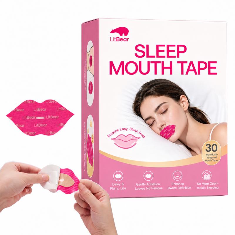 LitBear Hydrogel Sleep Lip Care Pads - Lip-Shaped Larger Coverage, Glycerin-Containing Hypoallergenic, Hyaluronic Infused Nighttime Care, Moisturizing Hydrating, 30 Pieces with Hydrating Mouth Tape, Ideal for Women, Gift Option