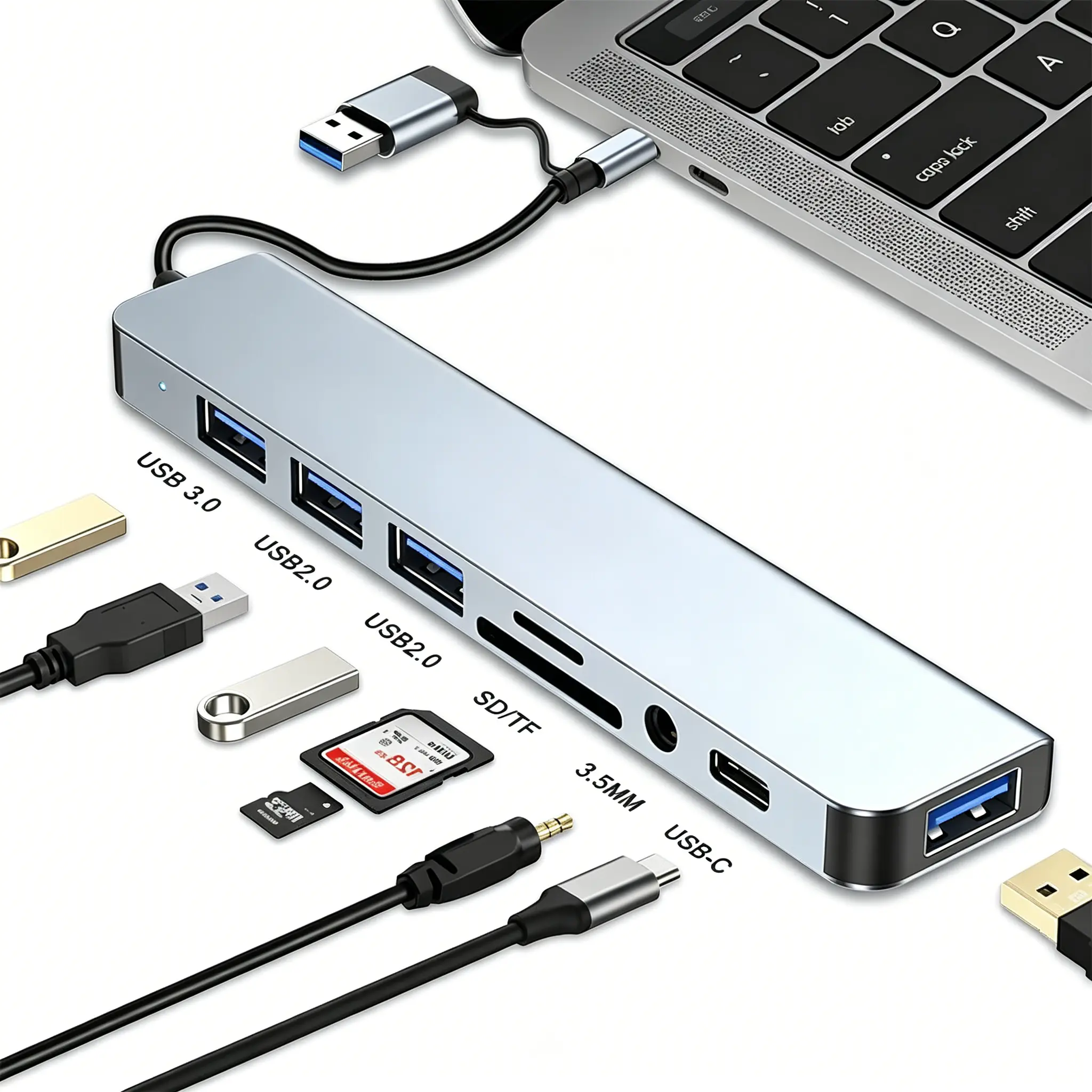 USB Hub for Laptop, 8 in 1 USB Extender Splitter Multiport Dongle Adapter, Portable Multiport Ethernet Adapter with USB-C & USB-A 5Gbps Data Ports, SD/TF Card Reader for MacBook Neo/Pro/Air, XPS, Thinkpad