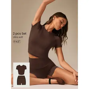 GLOWMODE Glow More Lightweight Ultra-Soft Stretchy Slim Fit Crewneck & 4.3" FeatherFit Buttery-Soft Sweat-Wicking Tummy Control Biker Shorts Low Impact Set Yoga Pilates Studio Gym Training Daily Active Wear