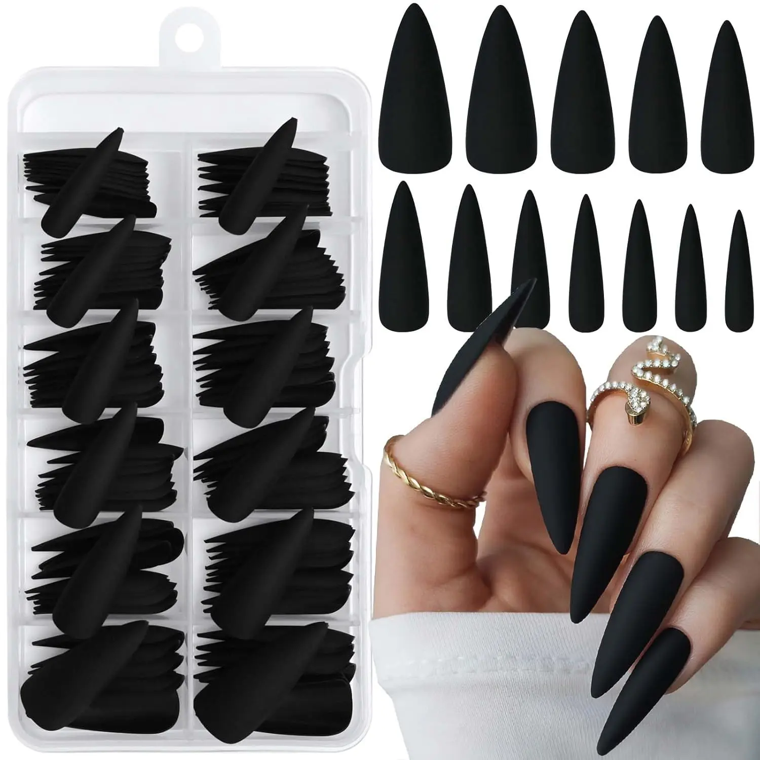 120pc Stiletto Press on Nails Long Fake Nails, Matte Black Nails Press ons Nail Stiletto Artificial Fingernails Long Pointy Claw False Nails Full Cover Acrylic Nail Tips for Women Girls