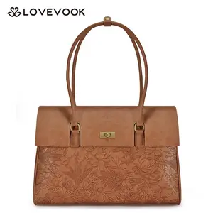 LOVEVOOK Retro Laptop Bag, Clamshell + Rotating button Design, PU Leather Women's Work Handbag Crossbody Bag, Waterproof Business Office Professional Handbag Shoulder Bag, Suitable for Most 15.6-inch Computers,TikTokShopStockUp